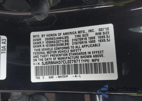 2012 Honda Cr-V Lx z USA, uszkodzony, nr VIN 5J6RM4H37CL027971